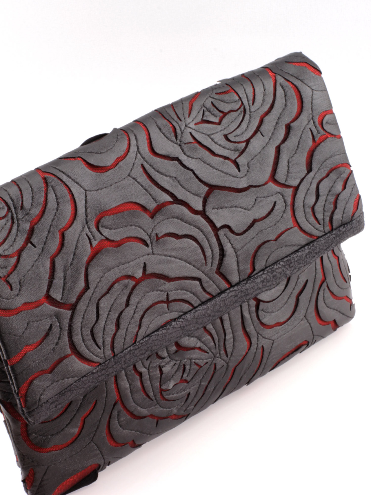 Manufabo Clutch Faux Black Leather Red Roses side