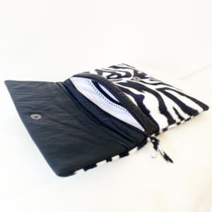 Manufabo Clutch Zebra Print Black White Stripes Faux Fur look inside