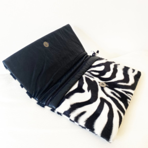 Manufabo Clutch Zebra Print Black White Stripes Faux Fur opened up