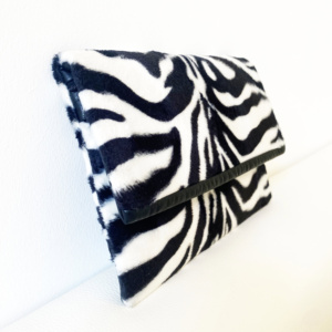 Manufabo Clutch Zebra Print Black White Stripes Faux Fur side