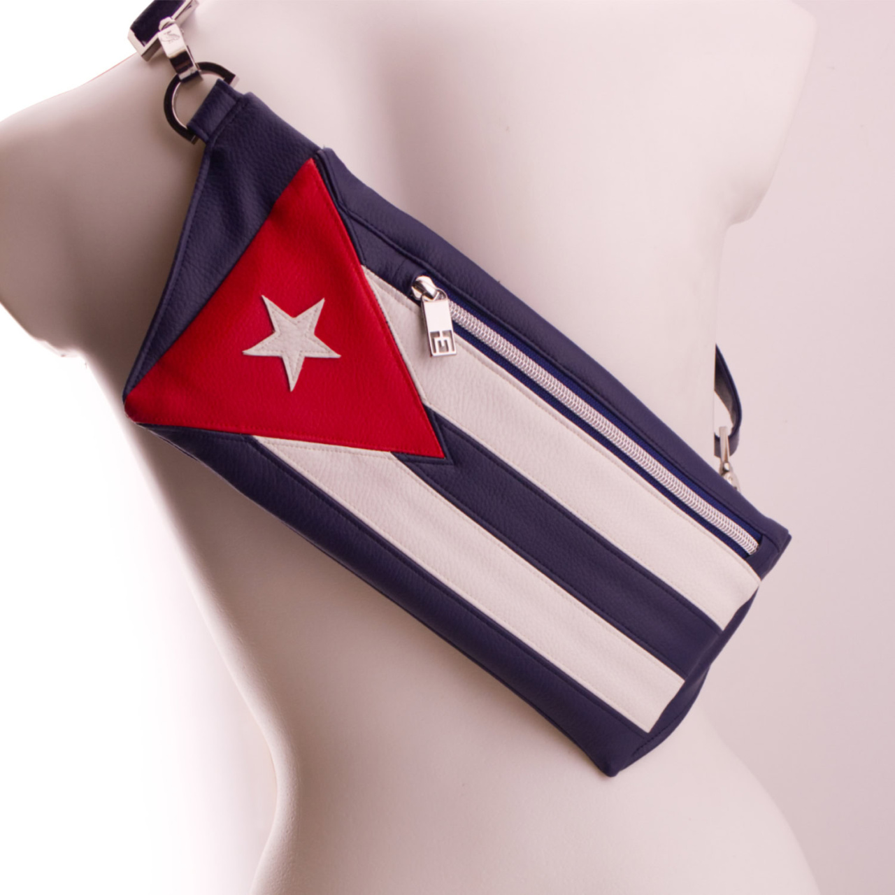 Manufabo Flag Bag Cuba Red White Blue Star Belt Bag on mannequin