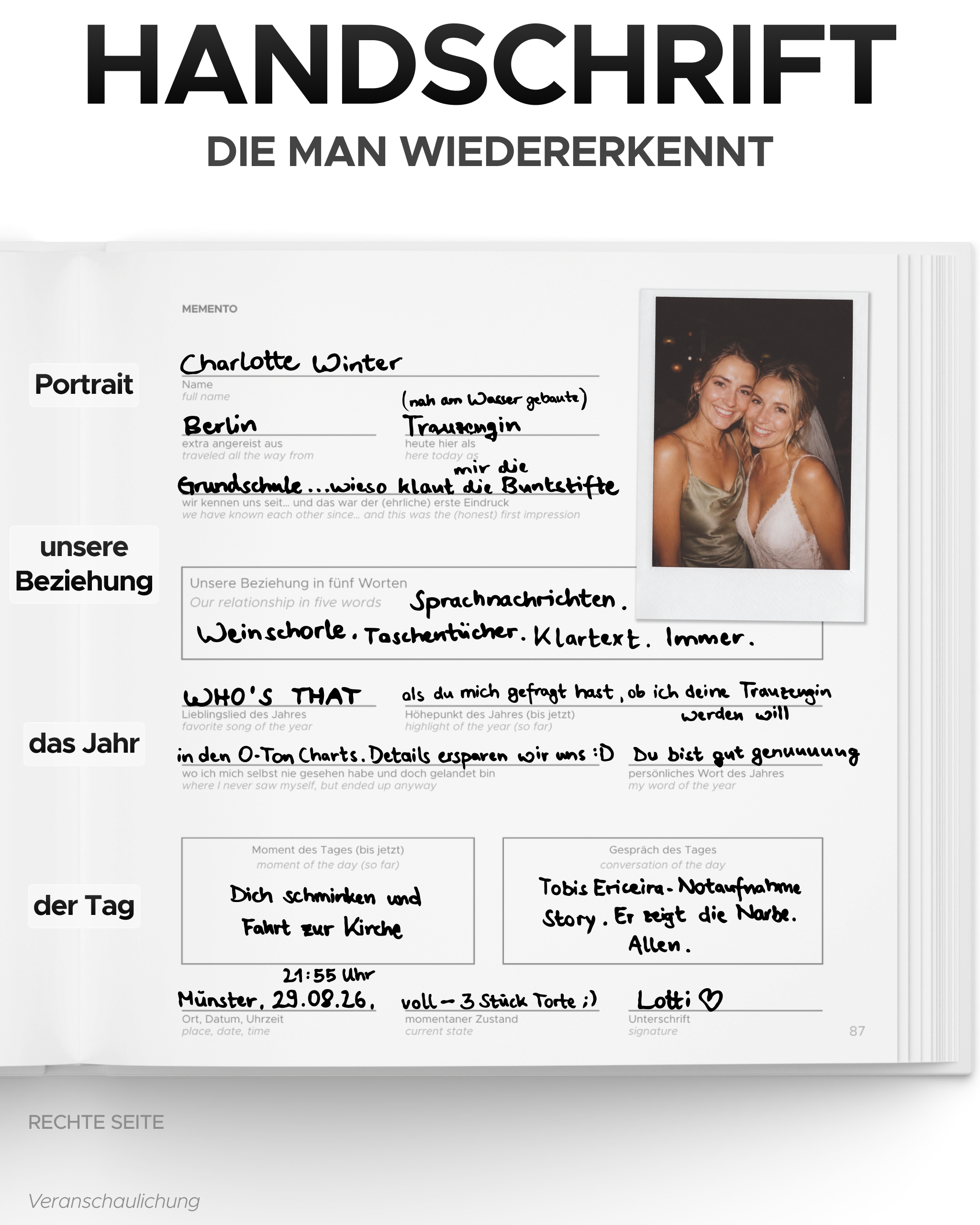 MEMENTO guest book – graphic reading "Handschrift, die man wiedererkennt" with a filled-in entry page and polaroid