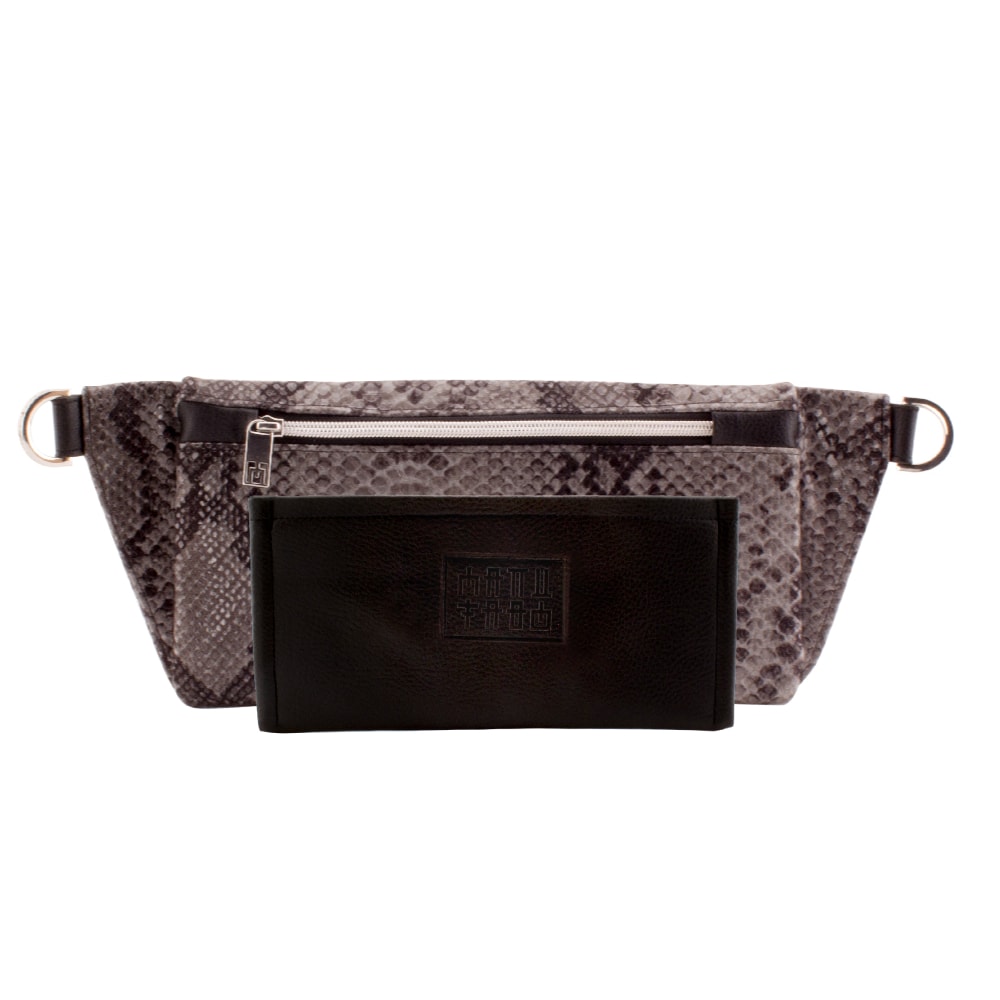 Bundle Manufabo black wallet in front of handmade deluxe belt bag in faux snake leather skin 1