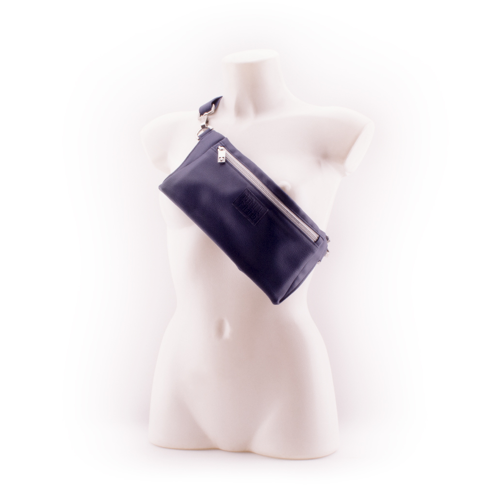 Deep Blue Designer Belt Bag by manufabo Cross Body on White Mannequin Front View