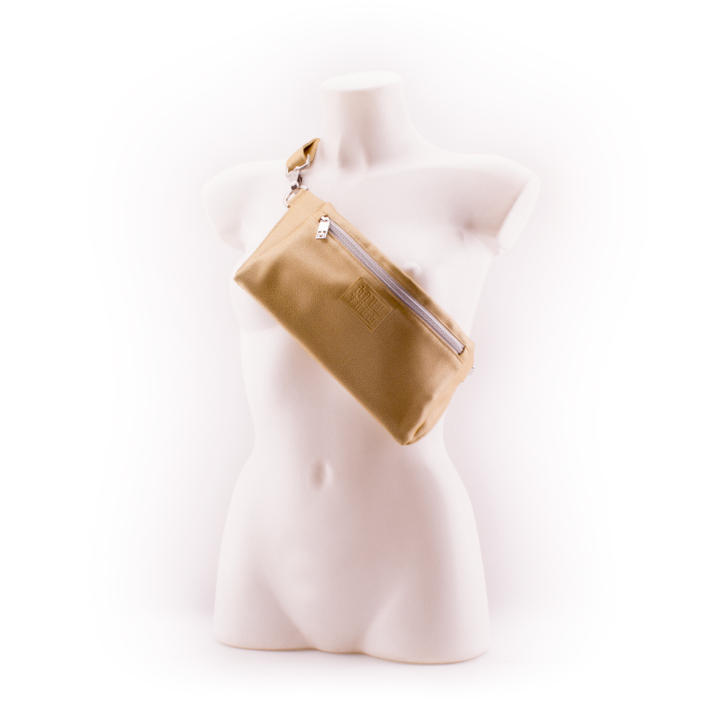 Metallic Gold Designer Belt Bag by manufabo Cross Body on White Mannequin Front View