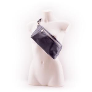 Metallic Slate Gray Designer Belt Bag by manufabo Cross Body on White Mannequin Front View