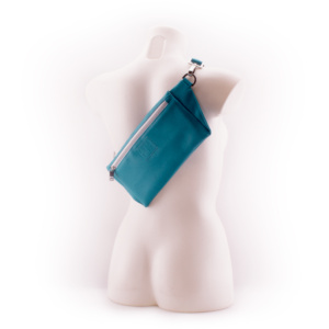 Petrol Turquoise Designer Belt Bag by manufabo Cross Body on White Mannequin Back View