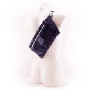 Plush Blue Beast Fluffy Designer Belt Bag by manufabo Cross Body on White Mannequin Back View