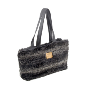 Plush Tote Bag fluffy blue black gray white lines side view