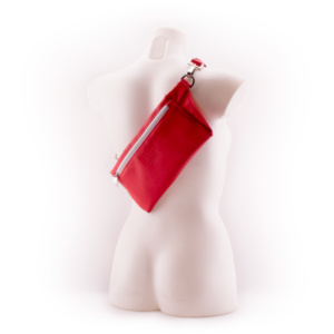 Red Designer Belt Bag by manufabo Cross Body on White Mannequin Back View