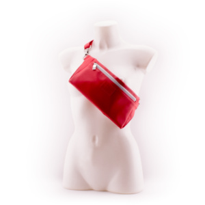 Red Designer Belt Bag by manufabo Cross Body on White Mannequin Front View