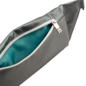 belt bag backside with manufabo M lining in metallic dark slate gray