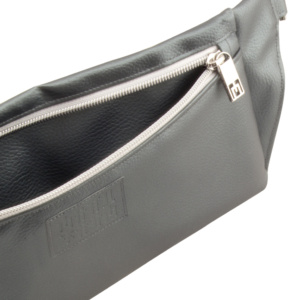 belt bag frontside opened up with manufabo M zipper in metallic dark slate gray