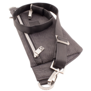 deluxe belt bag lying with handmade strap hardware details faux grey elephant skin leather