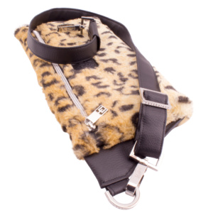 deluxe belt bag lying with handmade strap hardware details plush leopard leo print