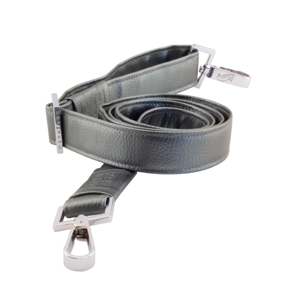 handmade bag strap rolled up by manufabo in metallic slate gray