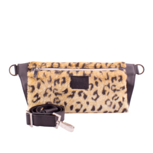 handmade designer belt bag with handbag strap by manufabo in plush leopard leo print