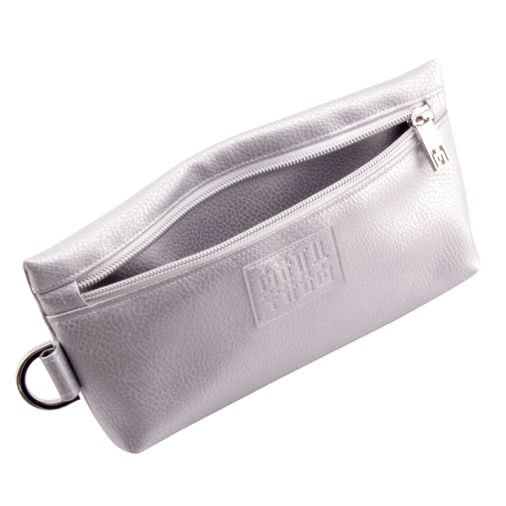 manufabo burrito bag fronstide inside opened up in metallic silver