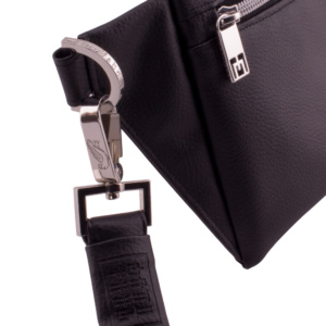 manufabo designer belt bag details on hook d ring and zipper in black