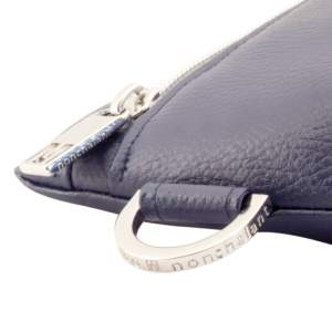 manufabo hardware details nonchalant zipper and d ring on bag in deep navy blue