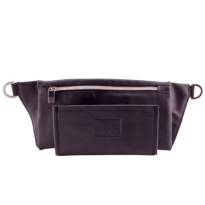 manufabo wallet in front of handmade belt bag backside in black