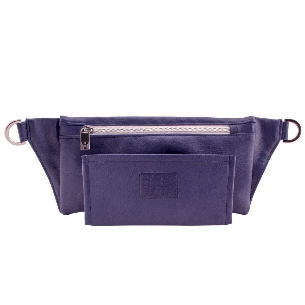 manufabo wallet in front of handmade belt bag backside in deep blue