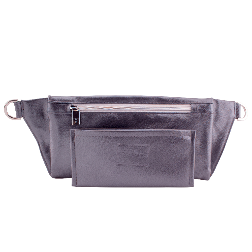 manufabo wallet in front of handmade belt bag backside in metallic slate gray