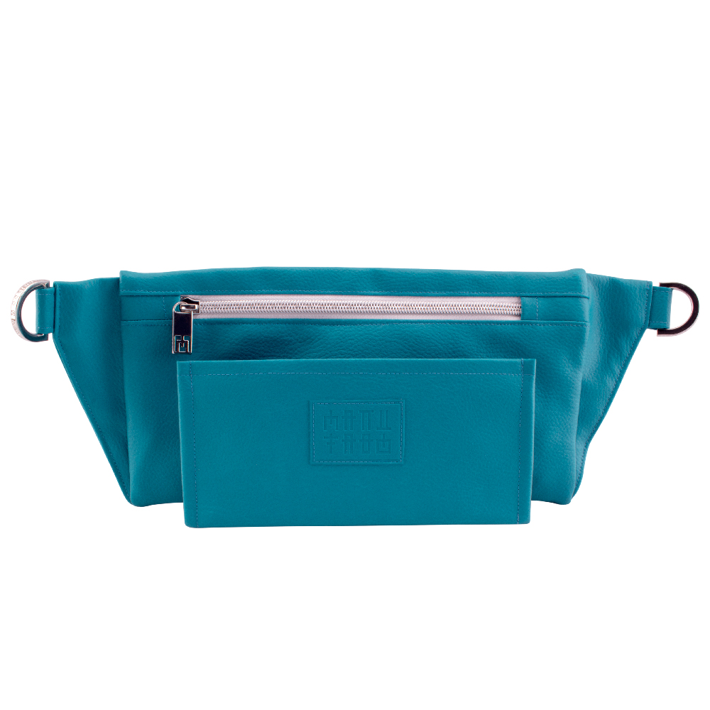 manufabo wallet in front of handmade belt bag backside in petrol turquoise