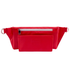 manufabo wallet in front of handmade belt bag backside in red