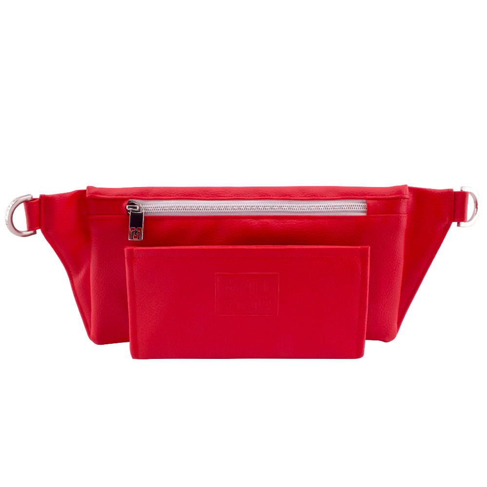 manufabo wallet in front of handmade belt bag backside in red