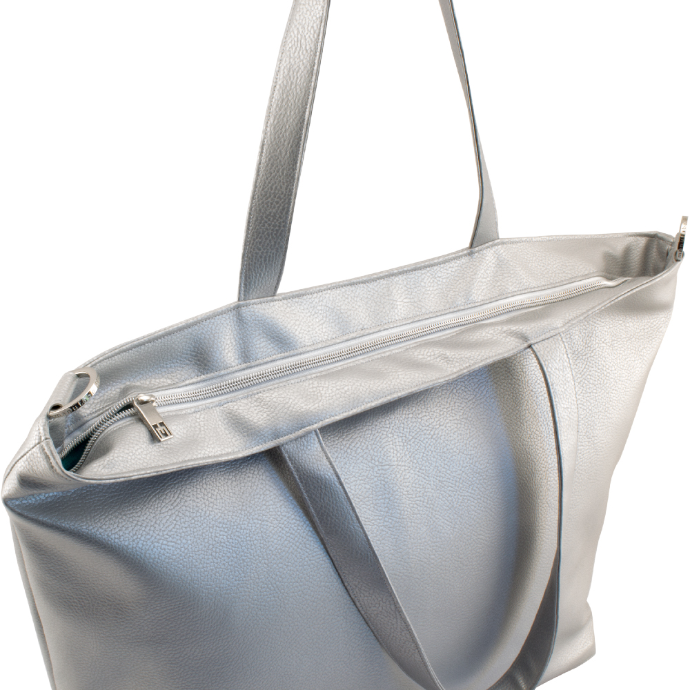 shopper tote bag backside and zipper view by manufabo in metallic silver