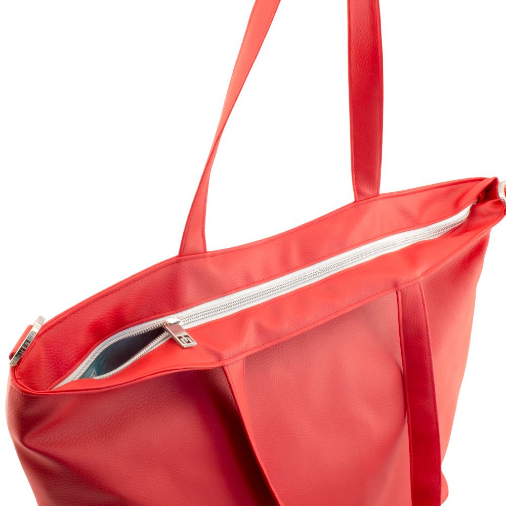 shopper tote bag backside and zipper view by manufabo in red