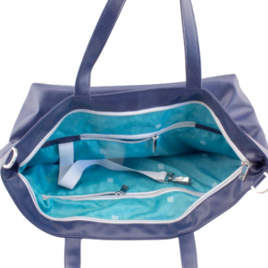 shopper tote bag inside view with manufabo turquoise inner lining in deep navy blue