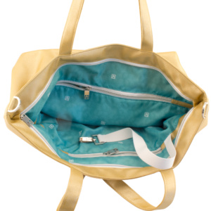 shopper tote bag inside view with manufabo turquoise inner lining in metallic gold