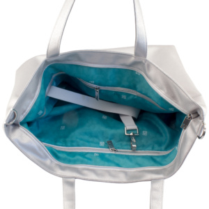 shopper tote bag inside view with manufabo turquoise inner lining in metallic silver