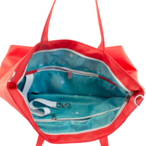 shopper tote bag inside view with manufabo turquoise inner lining in red