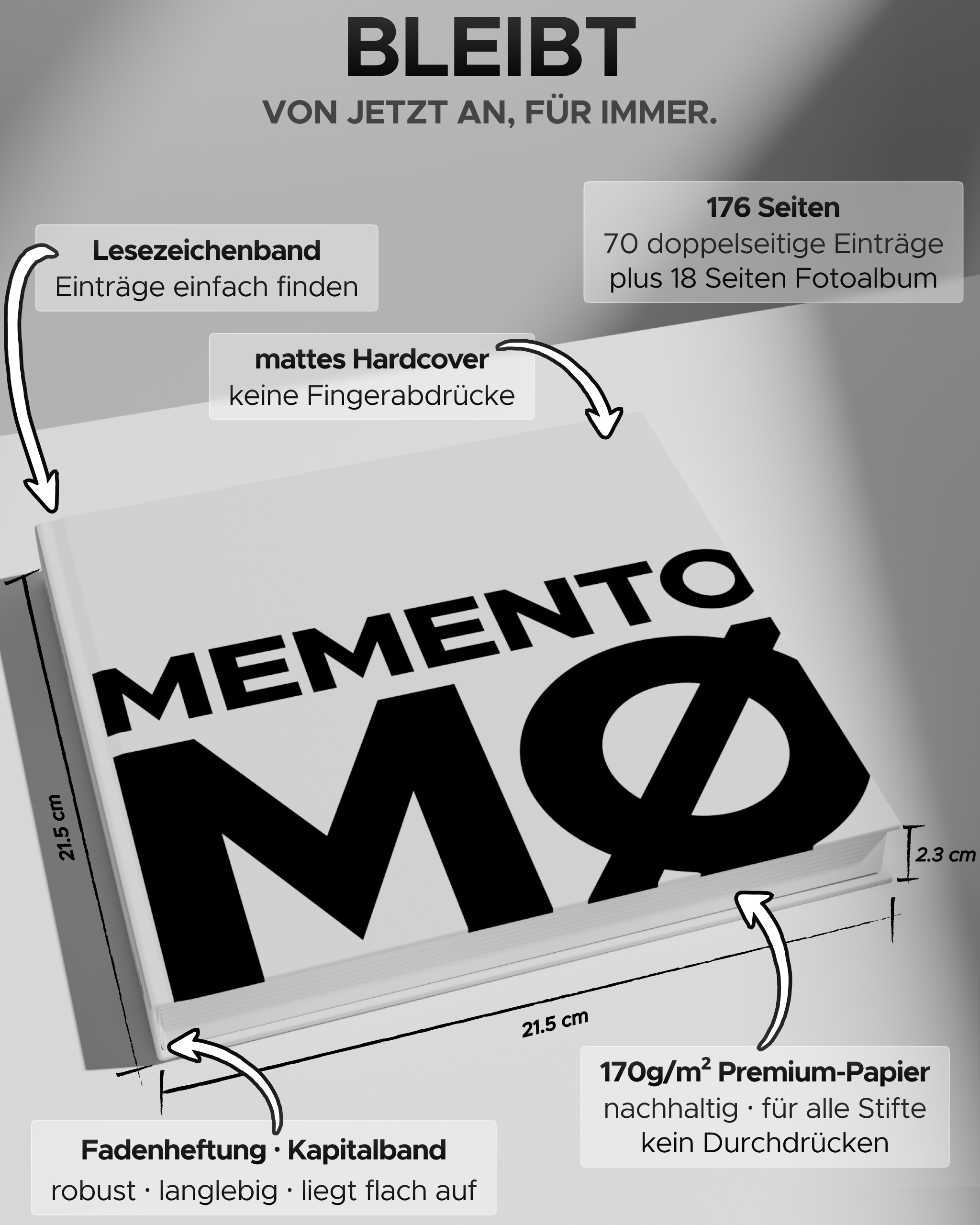 MEMENTO Gästebuch – Ausstattung: 176 Seiten, Lesezeichenband, Fadenheftung, mattes Hardcover