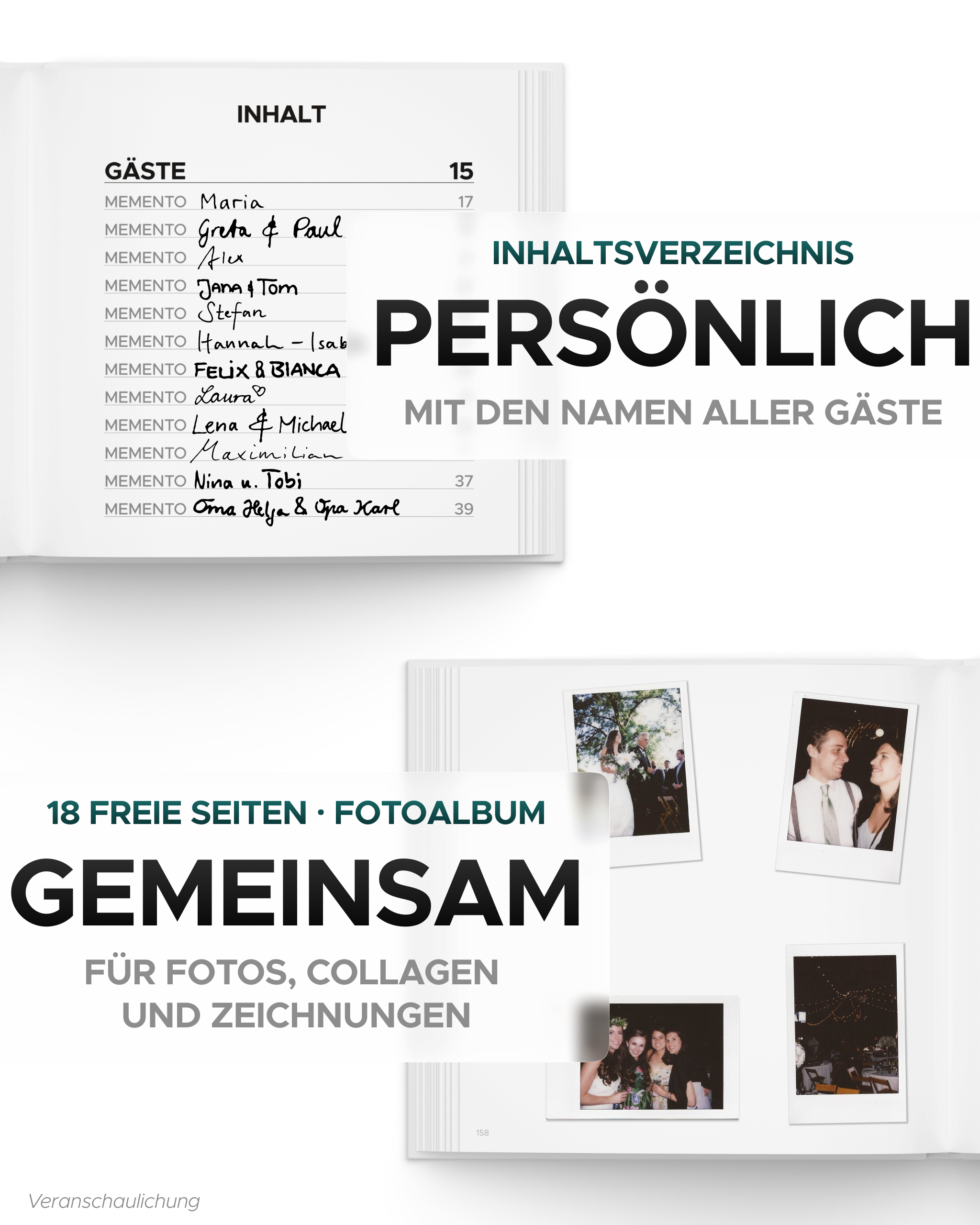 MEMENTO Gästebuch – Inhaltsverzeichnis und Fotoalbum