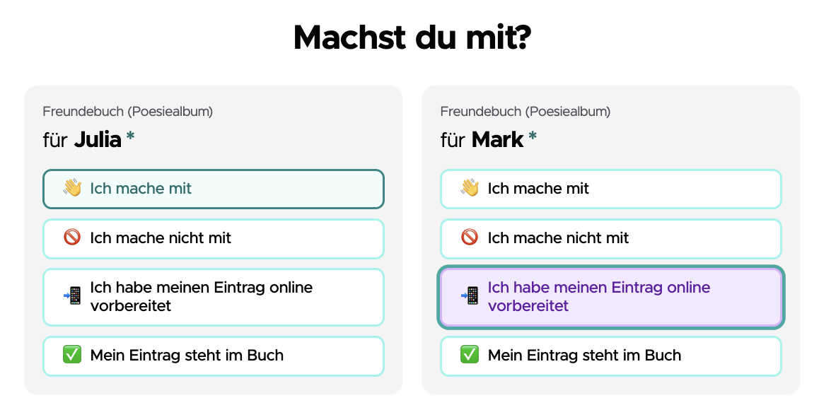 Die Runde – Machst du mit? Status pro Buch für Julia und Mark: Ich mache mit, Ich mache nicht mit, Ich habe meinen Eintrag online vorbereitet, Mein Eintrag steht im Buch