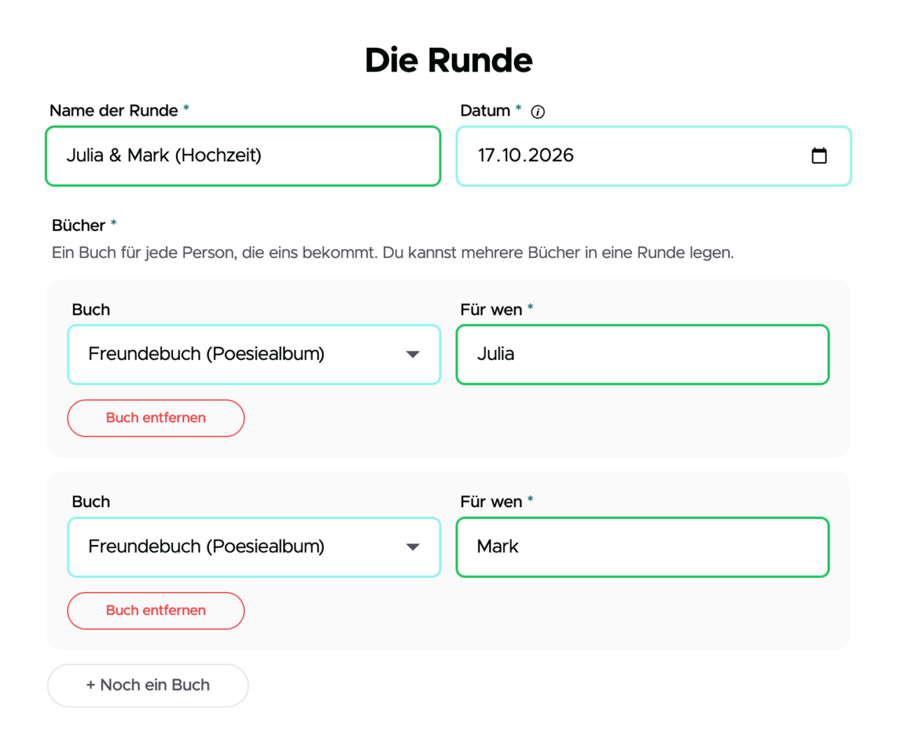Die Runde – Formular zum Starten einer Runde: Julia & Mark (Hochzeit), zwei Freundebücher für Julia und Mark