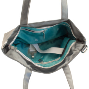 tote bag inside view with manufabo turquoise inner lining in metallic dark slate gray