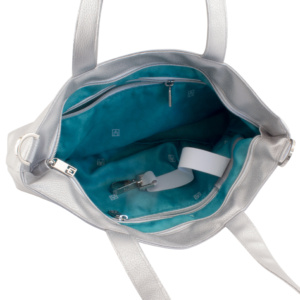 tote bag inside view with manufabo turquoise inner lining in metallic silver