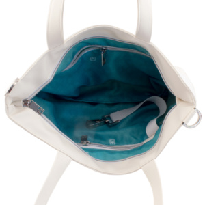 tote bag inside view with manufabo turquoise inner lining in white