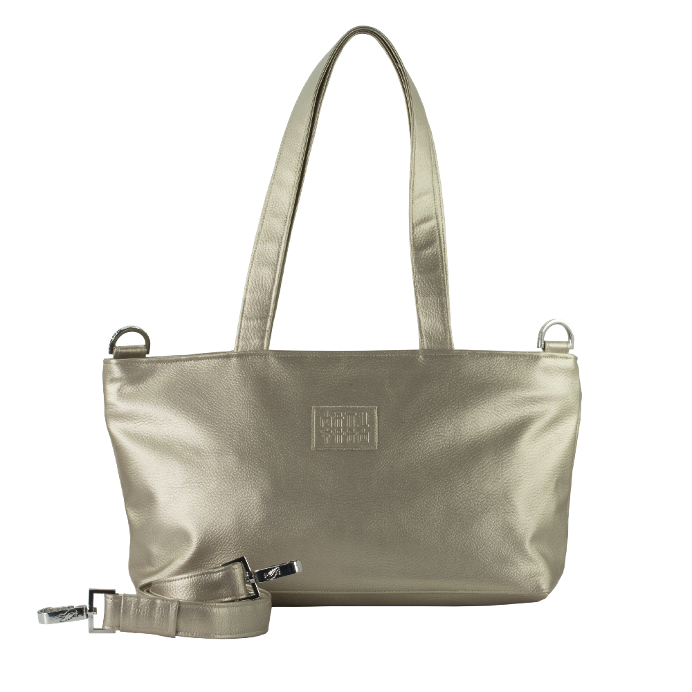 tote bag with handbag strap by manufabo in metallic sand brown